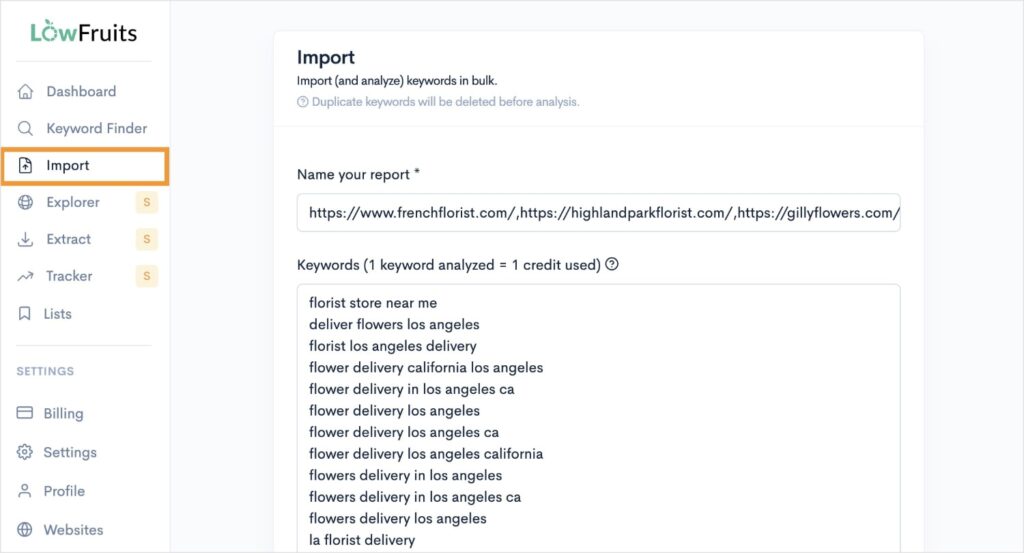 Import tool shows competitors' keywords.