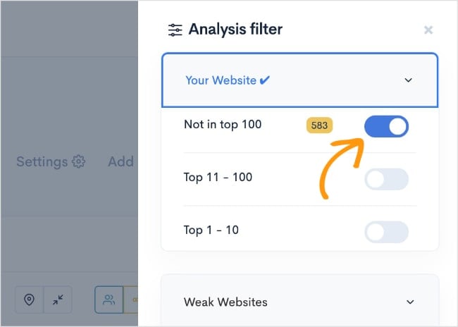 Filter to view keywords where our competitors rank, but our website does not.
