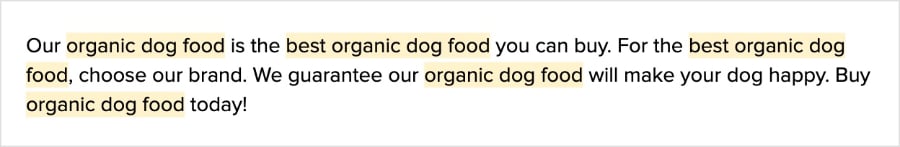Example of keyword stuffing repeats the keyword organic dog food multiple times.