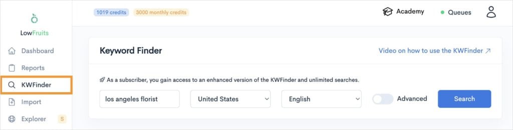 Keyword search in LowFruits.