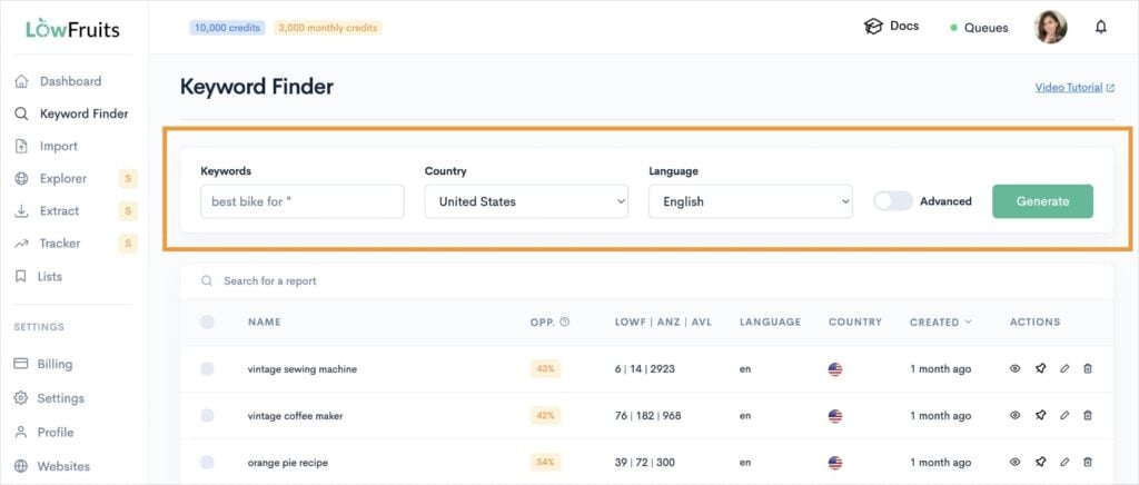 Seed keyword search in the LowFruits KWFinder tool.