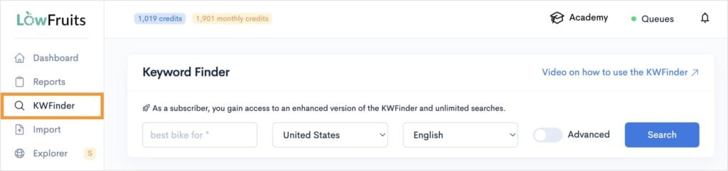 KWFinder search settings.