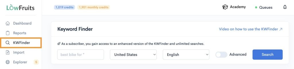 Seed keyword search in KWfinder.