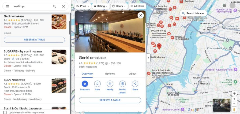 Business Profile for a NYC sushi restaurant appears in Google Maps.