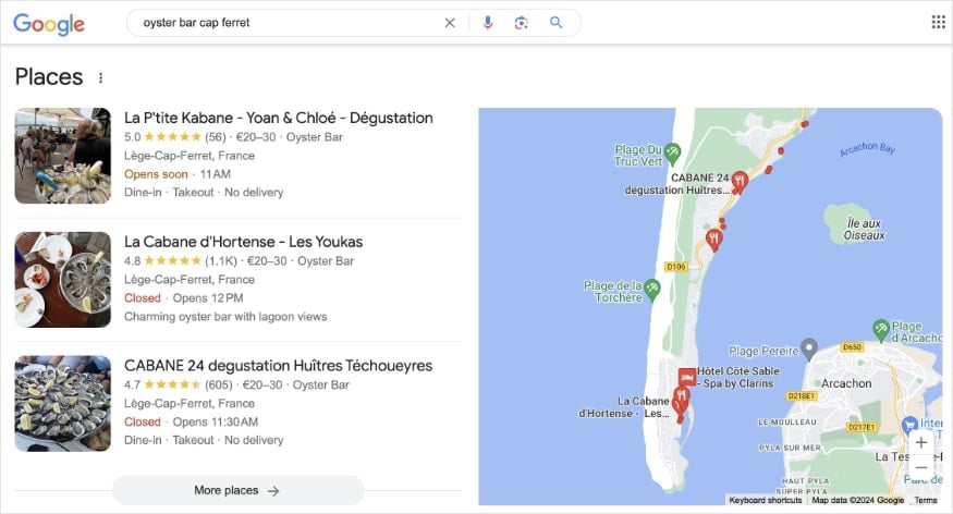 Local Pack in Google for oysters in Cap Ferret.