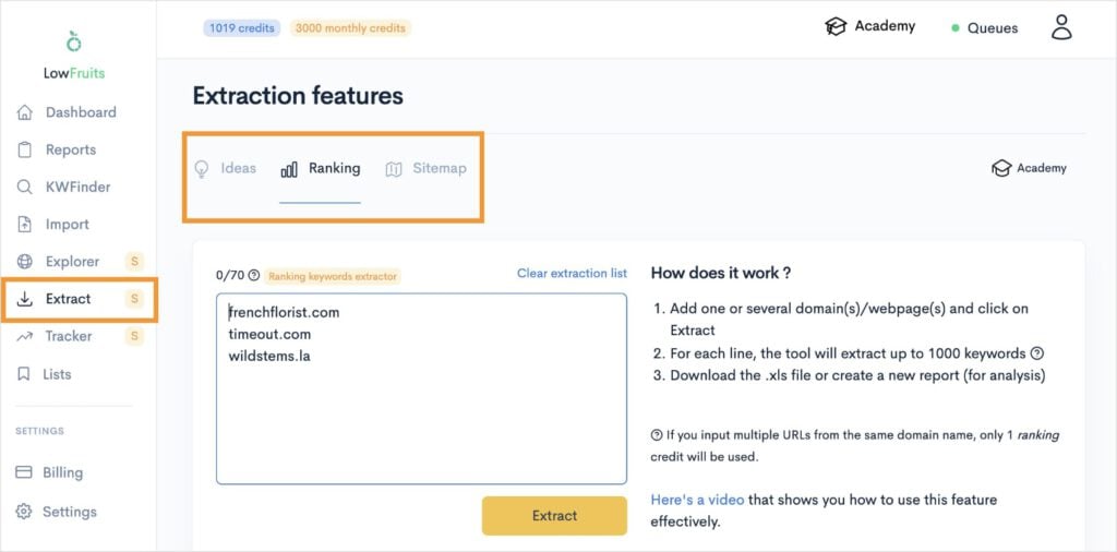Extraction features with list of competitors' websites.