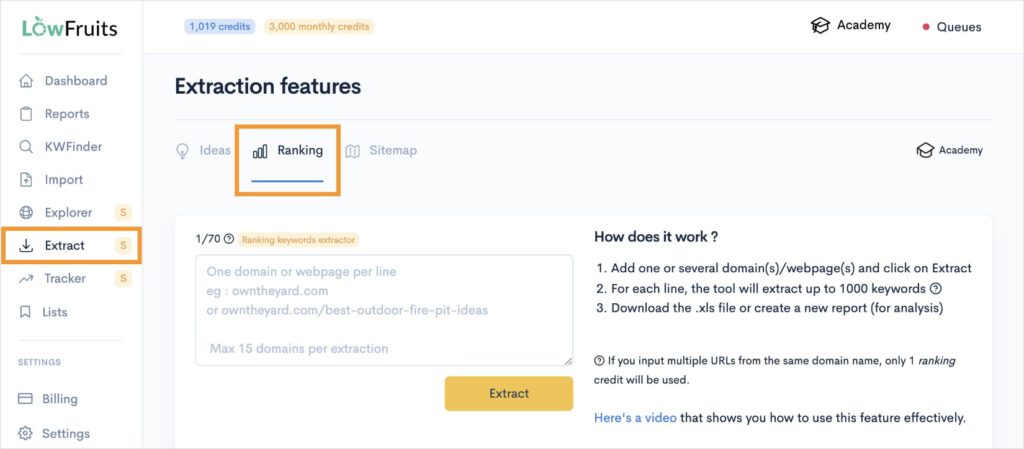 LowFruits Extract tool allows you to find competitors' keywords.