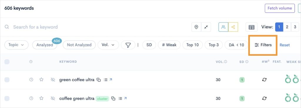 LowFruits filters button in a keyword gap analysis report.