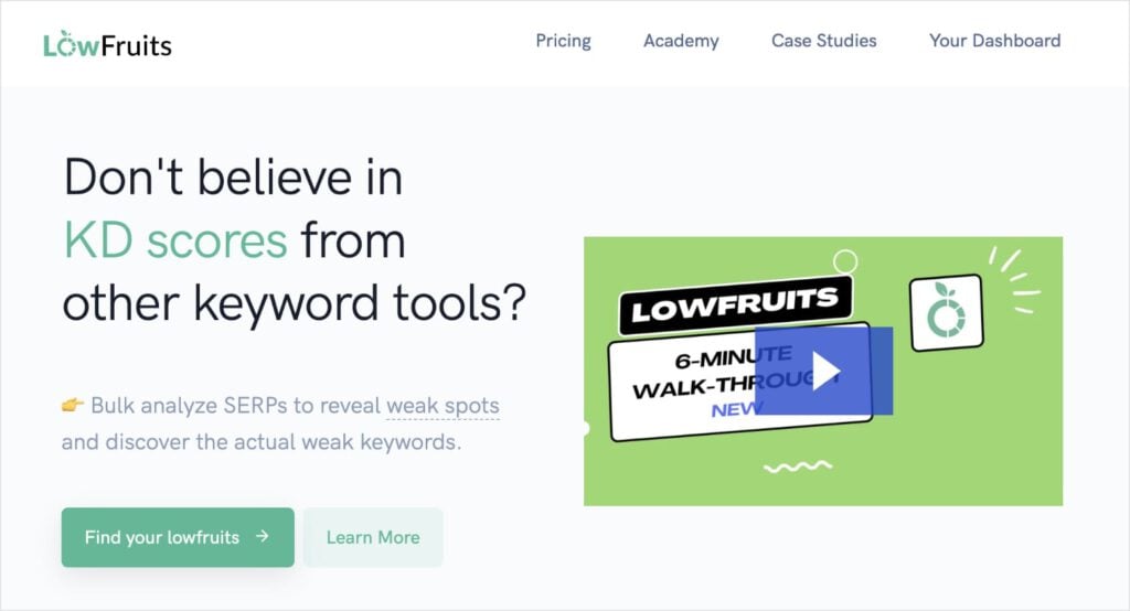 LowFruits homepage, the best keyword research tool for small business owners.
