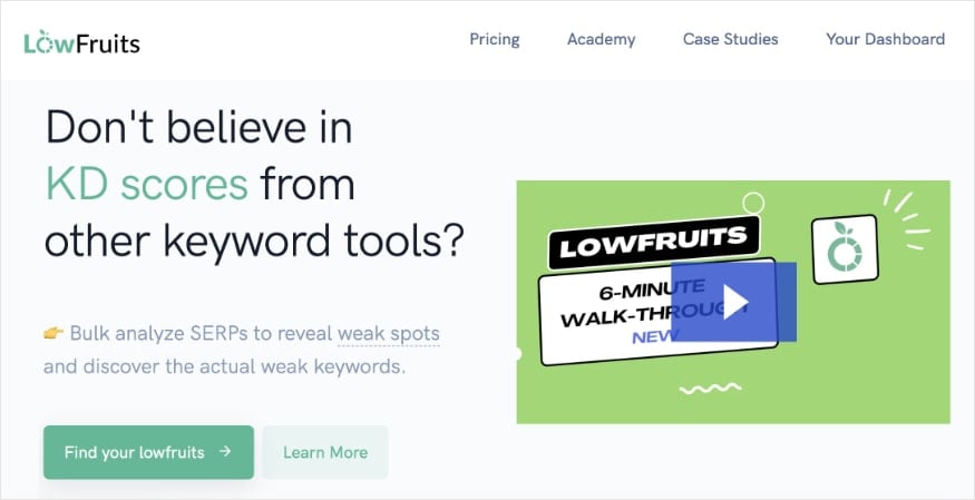 LowFruits homepage, a keyword research tool that can help you increase organic traffic.
