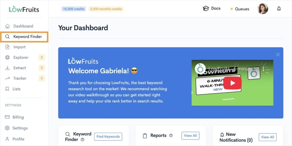 LowFruits Keyword Finder in the left menu.