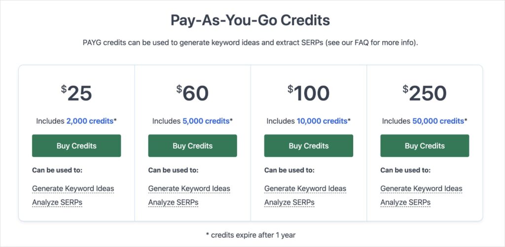 LowFruits pay-as-you-go pricing.