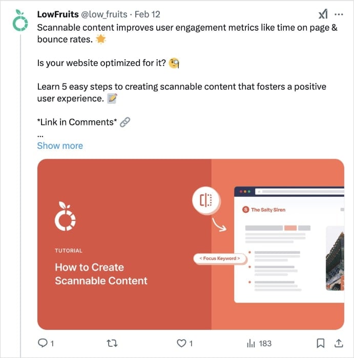 Twitter post on the LowFruits account promotes a blog about scannable content.