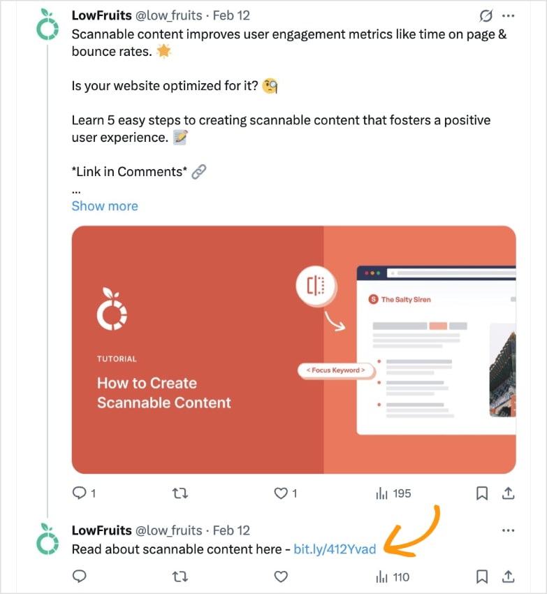 Twitter post on the LowFruits account shows a new blog post and includes a backlink to the site.
