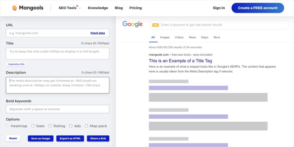 Mangools SERP simulator shows a Google snippet preview.