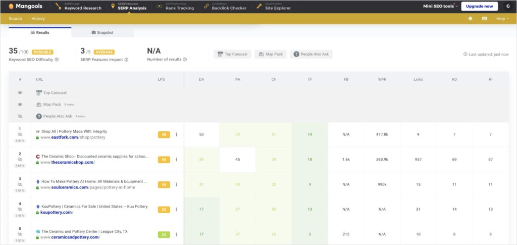 Results from performing a search in the Mangools SERPChecker.