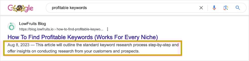 A search result and meta description for the query "profitable keywords."