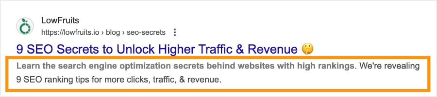 Meta description in Google search results.