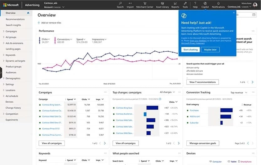 Microsoft Ads gives an overview of your paid ad campaigns.