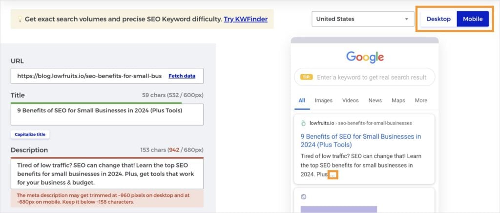 Mobile preview of a search listing.