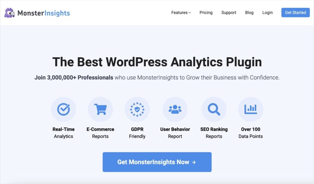 MonsterInsights homepage, a Google Analytics WordPress plugin.