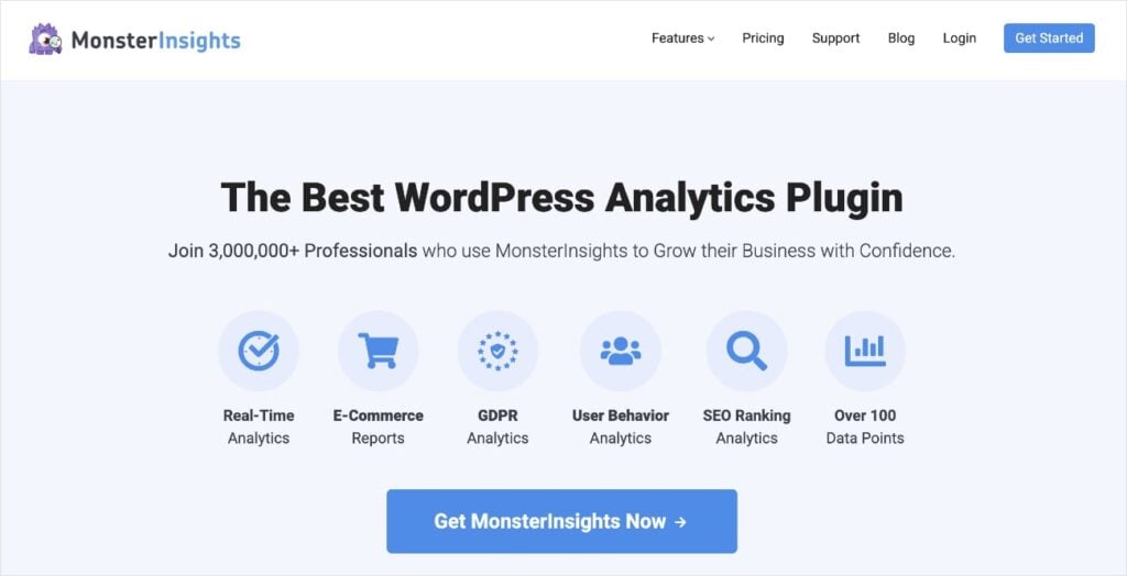 MonsterInsights homepage, a WordPress analytics plugin.