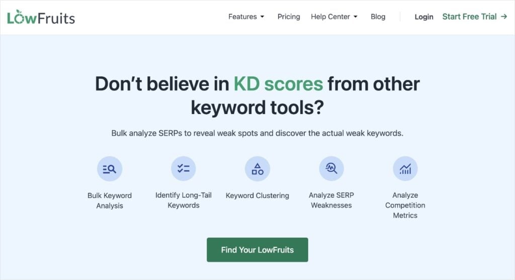 LowFruits homepage, the best keyword research tool.