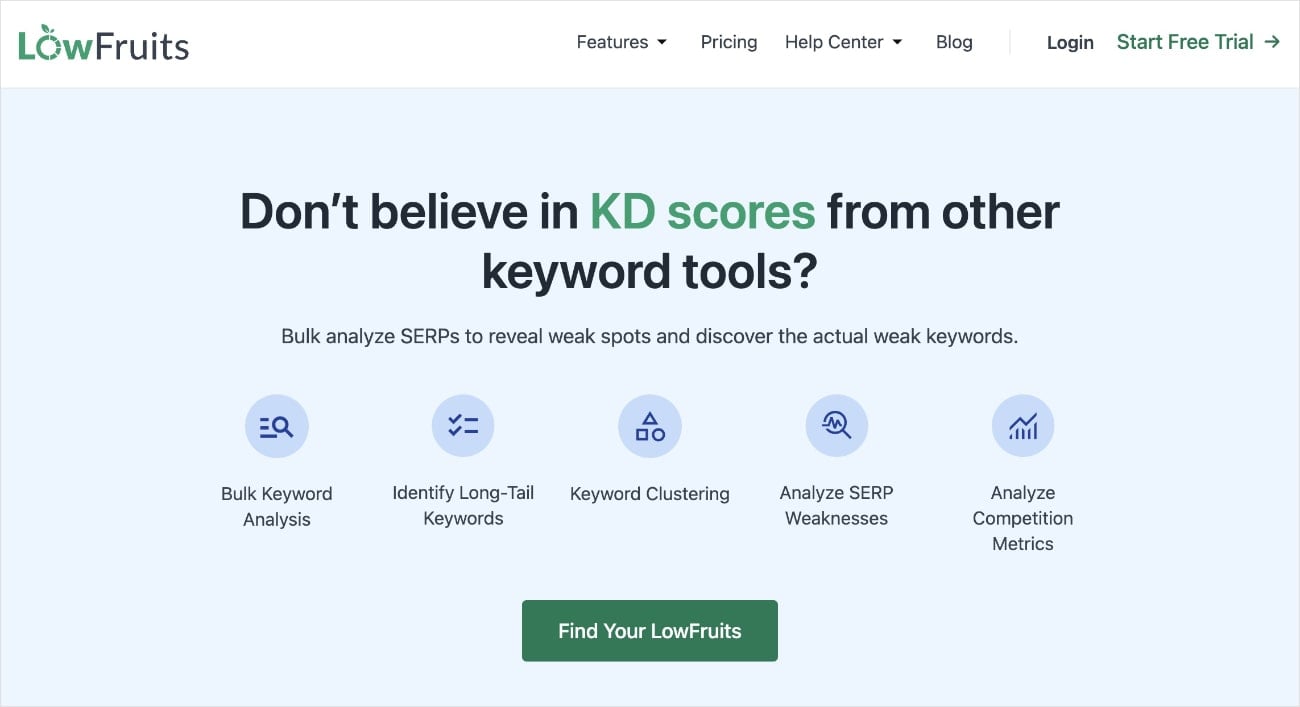 LowFruits homepage, the best keyword research and SERP analysis tool for small businesses.