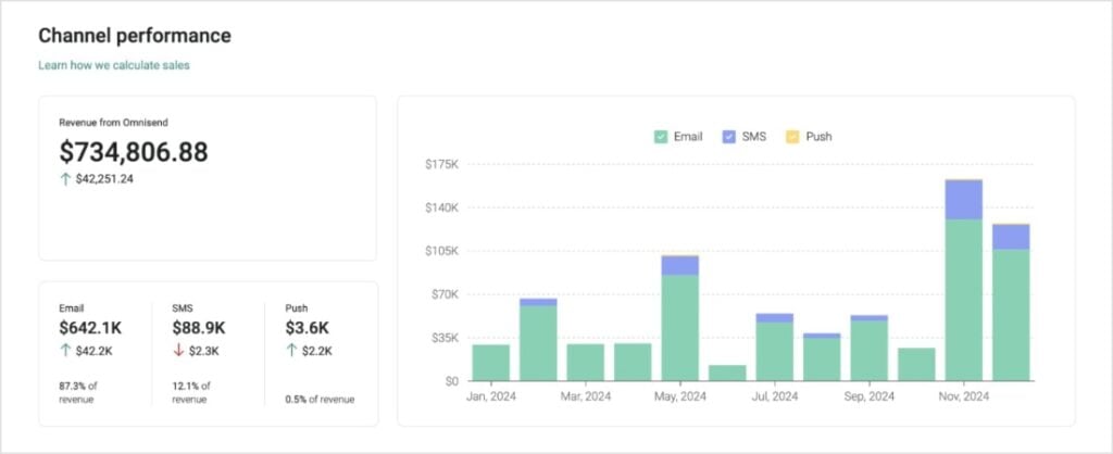 Omnisend channel performance dashboard.