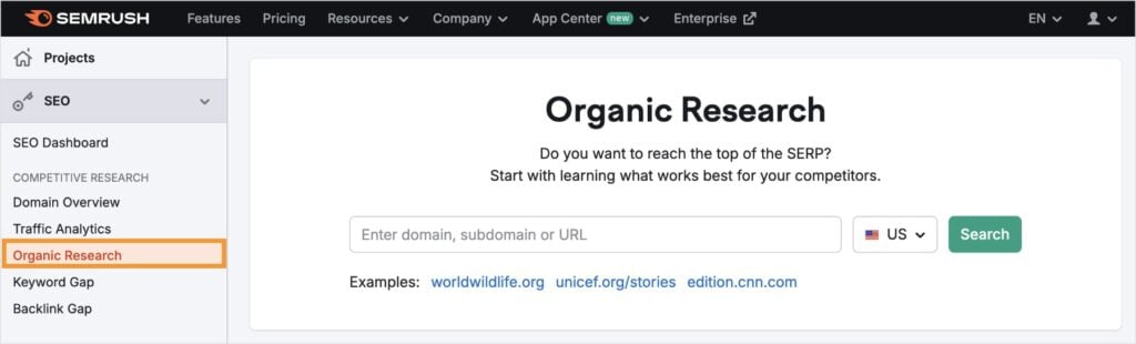 Semrush organic research tool.