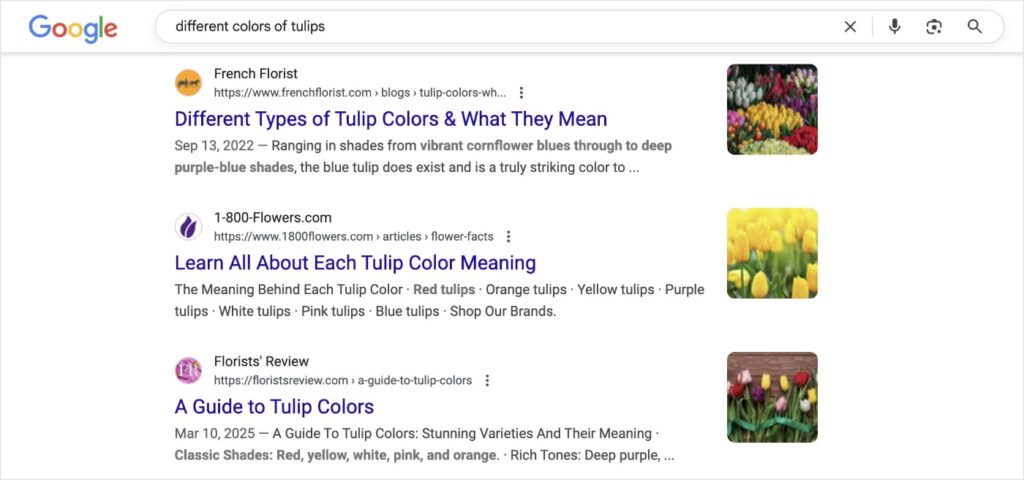 Organic search results for the query different colors of tulips.