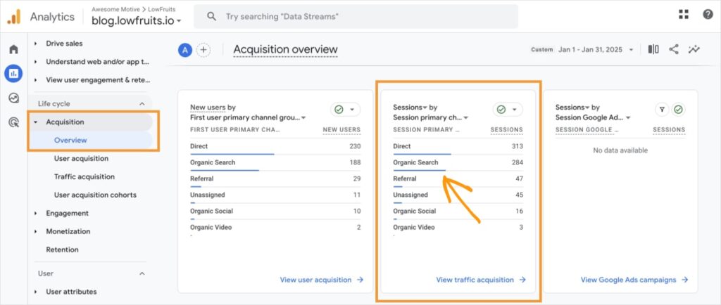 Organic search traffic report in Google Analytics.