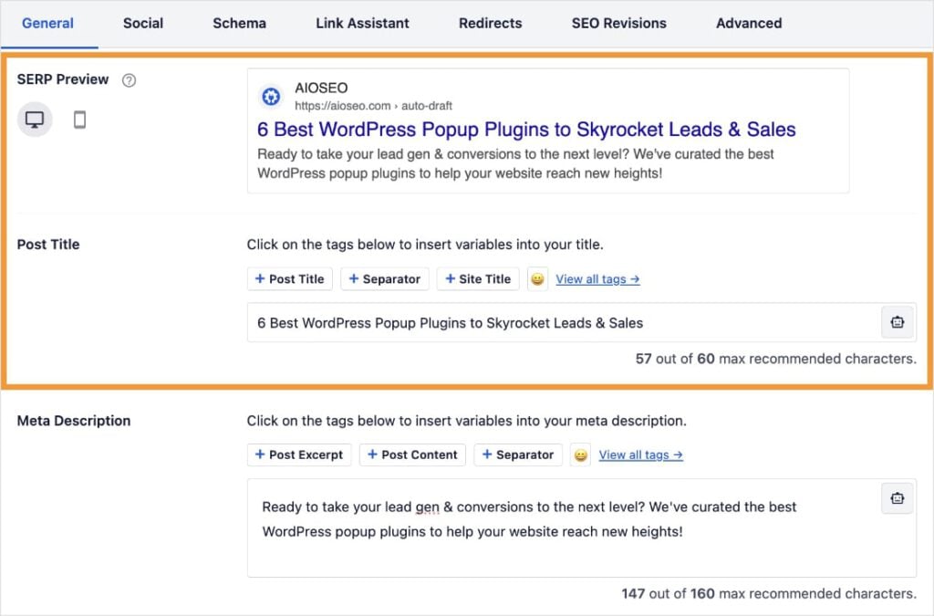 SERP preview tool in AIOSEO in WordPress.