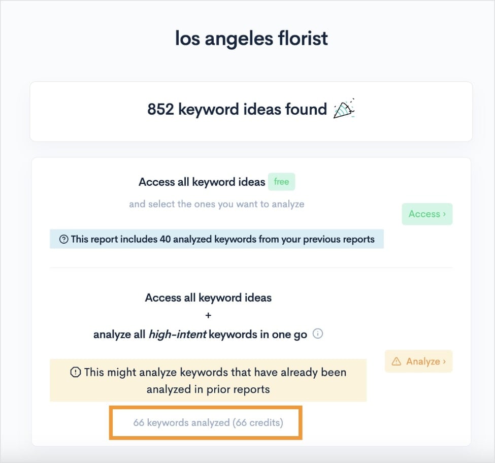 KWFinder shows that it costs 66 credits to analyze 66 keywords.