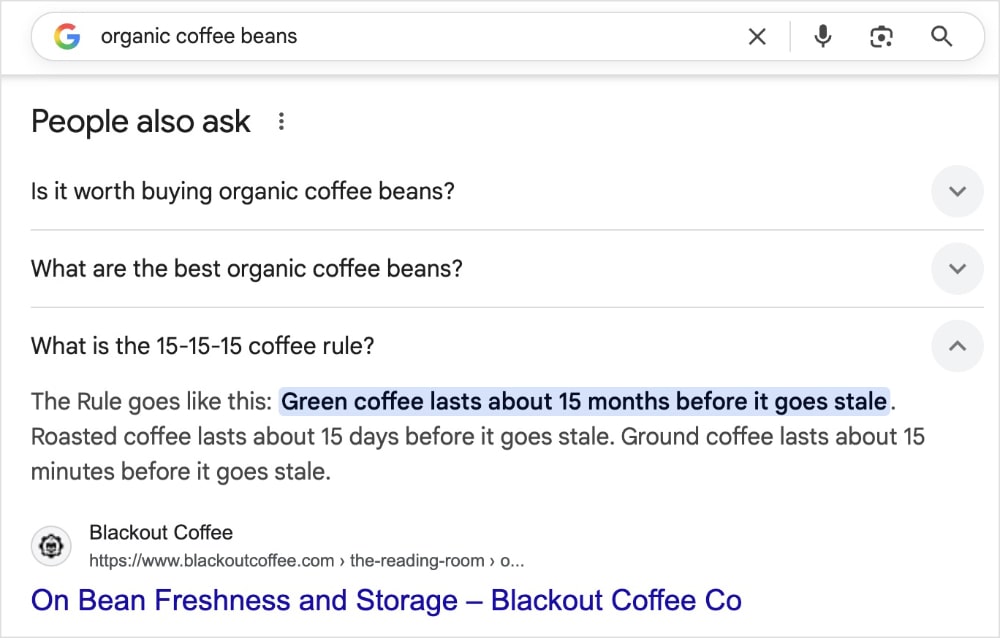 Advanced keyword research techniques suggest using Google People Also Ask results to find long-tail keywords.