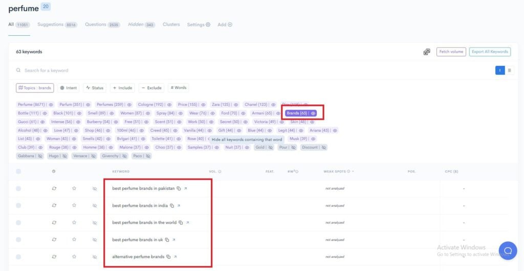 A screenshot of a page showing a list of Mangools and LowFruits keywords for keyword research.