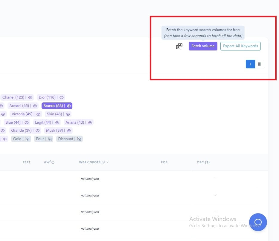 A screenshot of an adwords account page featuring Keyword Research and LowFruits.