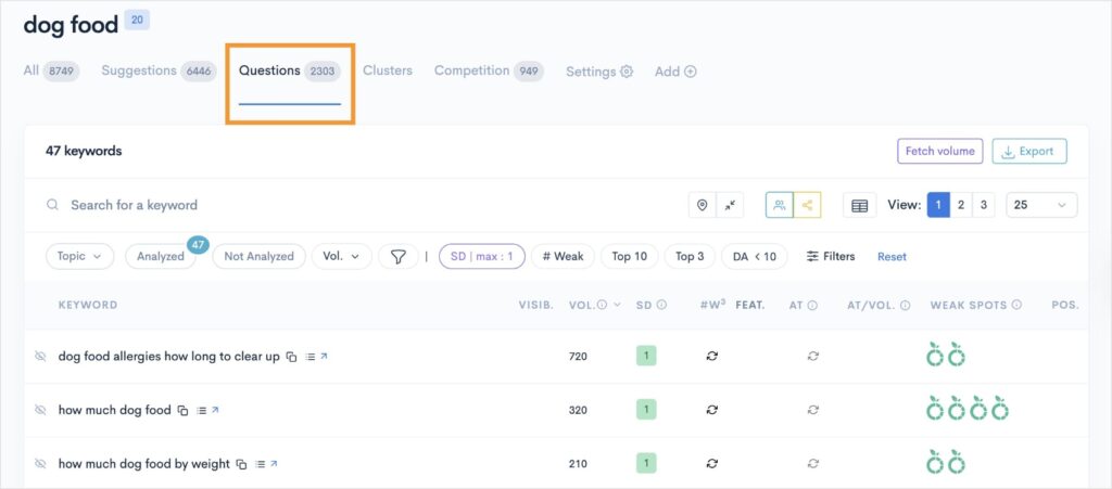 Questions tab shows queries to target on a pillar page about dog food.