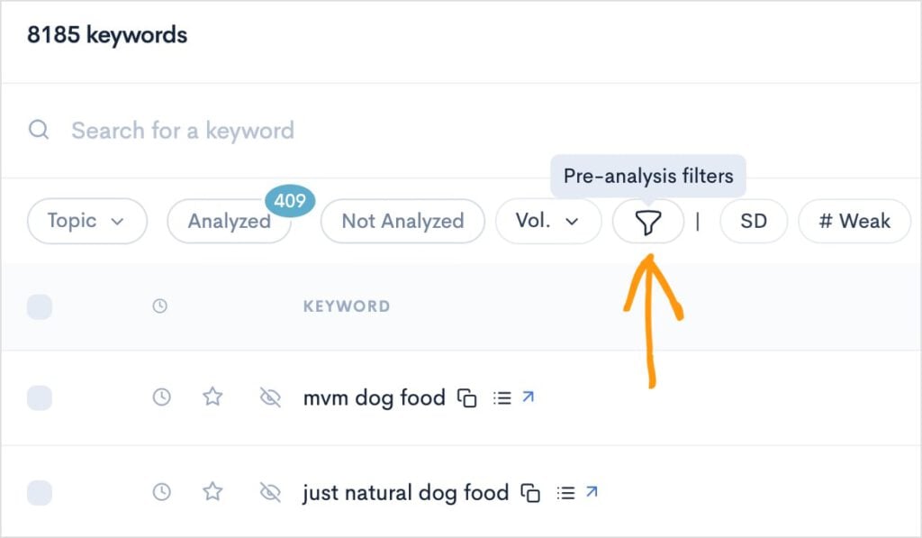 Pre-analysis filter in LowFruits report.