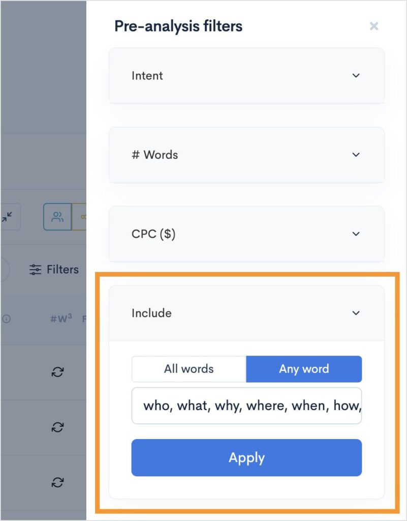 Question keywords used in the keyword filter of LowFruits.