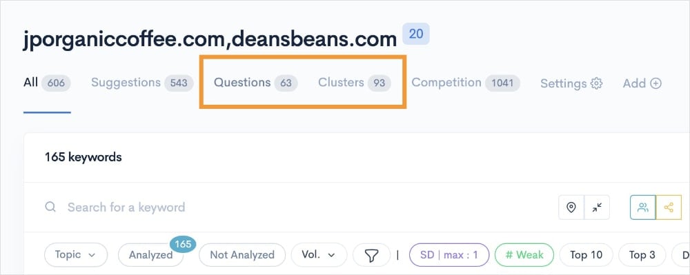 Questions and clusters tabs at the top of a LowFruits keyword report.