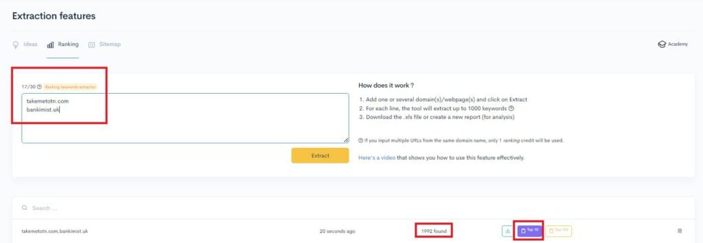 A screenshot of the settings page in wordpress showcasing the Extraction Features and Ranking options.