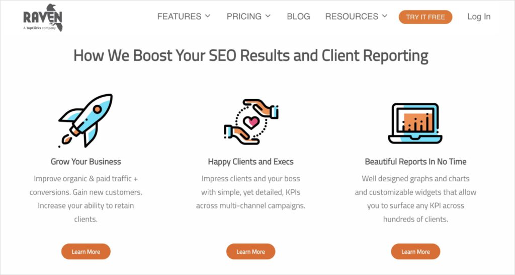 Raven Tools homepage, one of the best SEO tools for small business owners.