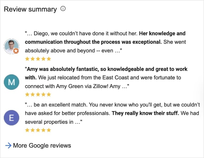 Google reviews for a real estate agent.