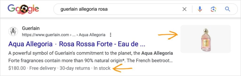 Rich snippet on Google for a perfume with picture and product info.