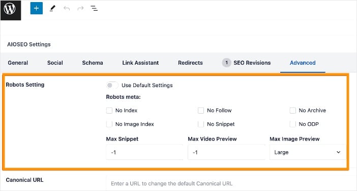 Robots meta tags in AIOSEO settings.