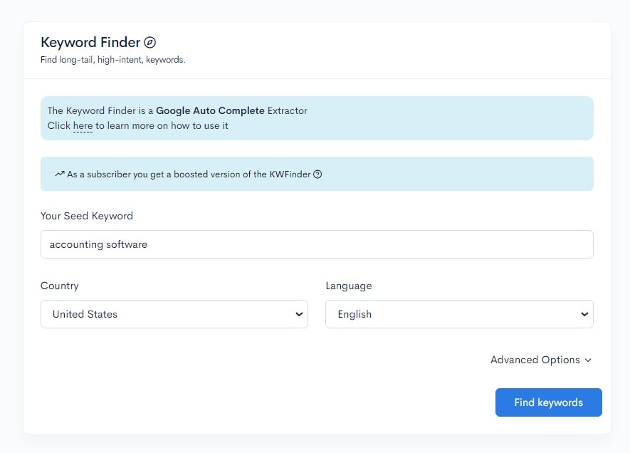 A screenshot of the easy keyword finder page.