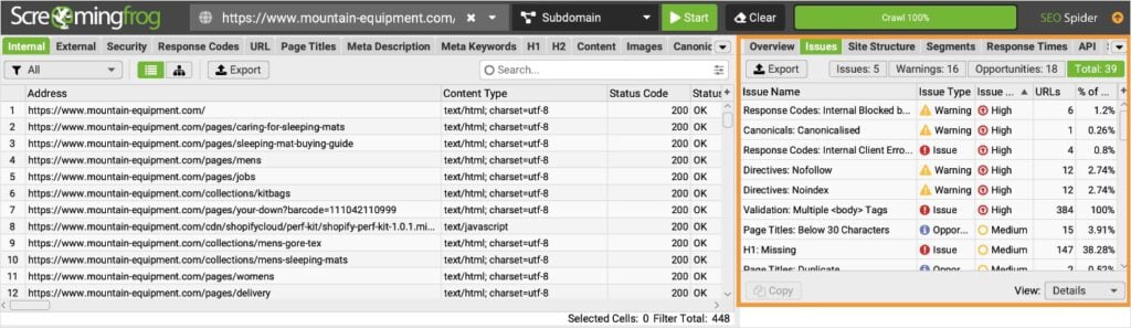 Screaming Frog SEO Spider site audit tool.