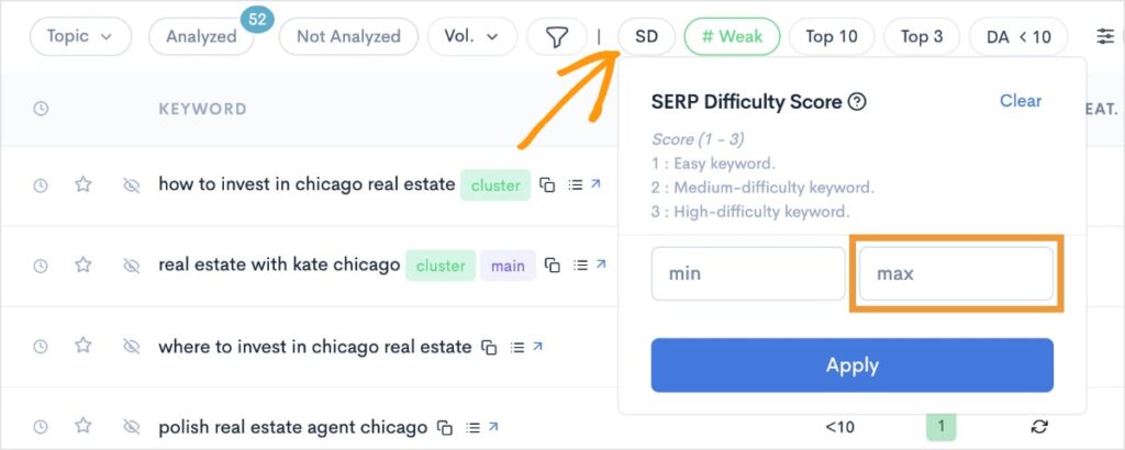 SERP difficulty score filter gets a max of 1.