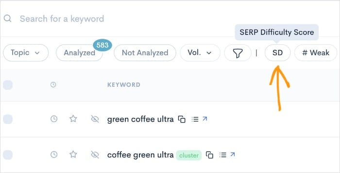 Filter for SERP Difficulty Score.